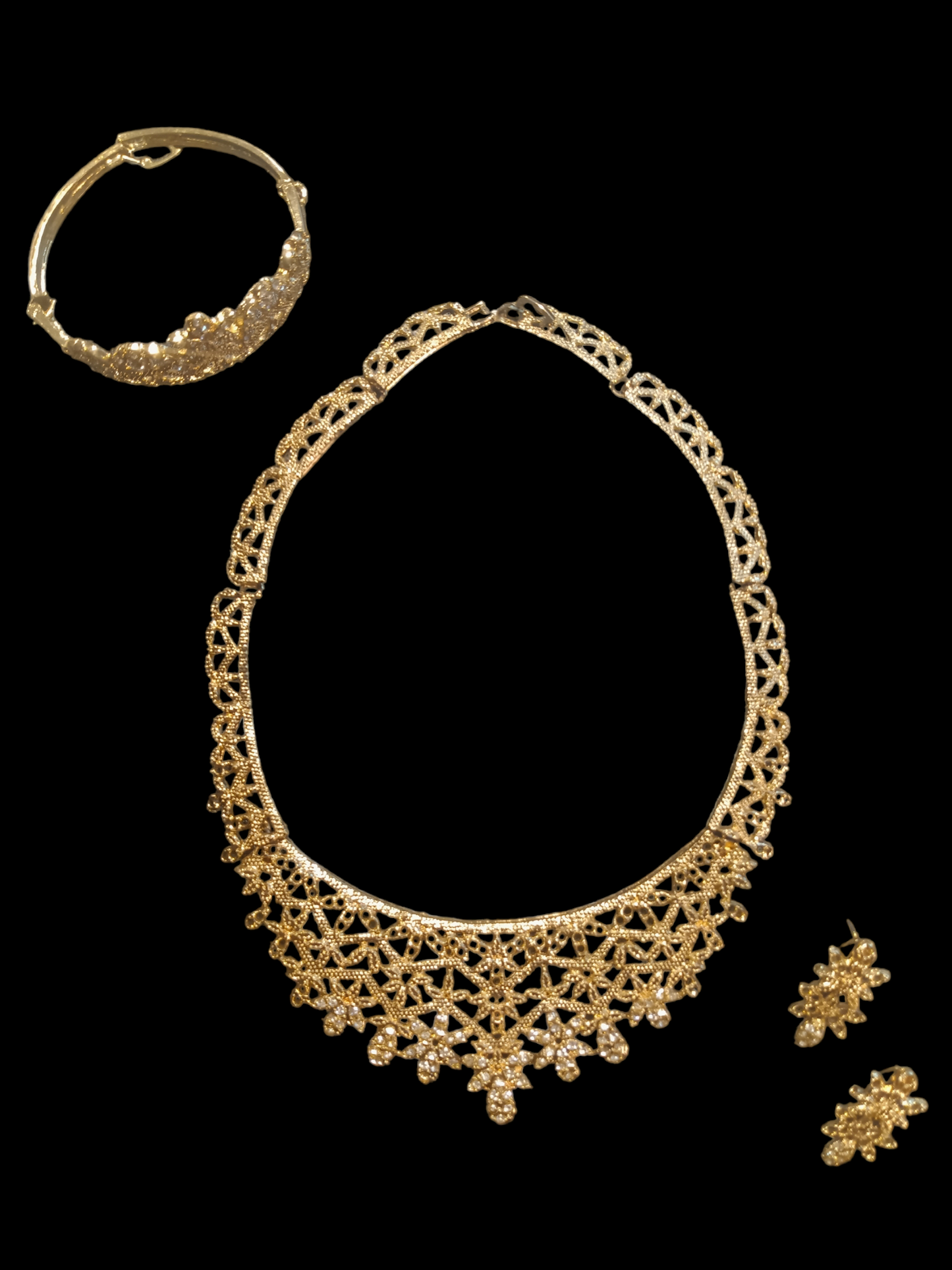 Beautiful Tiara Crown 18K Gold Tone Necklace w/Matching Earrings & Bracelet Set